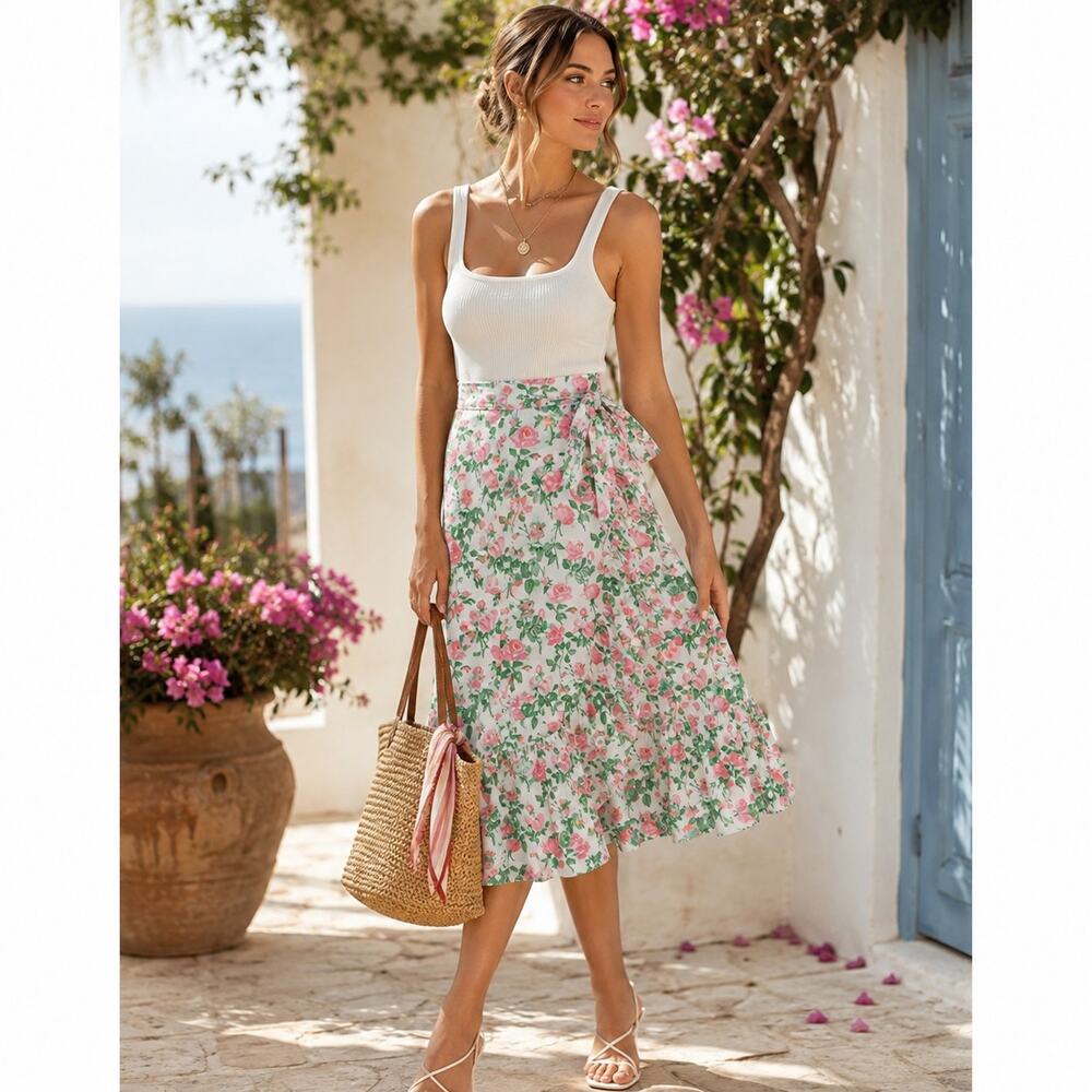 Hill House Women's SZ M The Mirabel Cotton Wrap Skirt In Pink Roses NWT